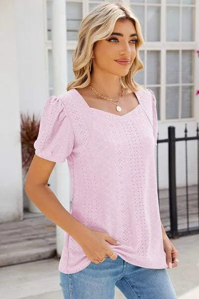Eyelet Puff Sleeve T-Shirt Women's T-Shirts - Tophatter Daily Deals